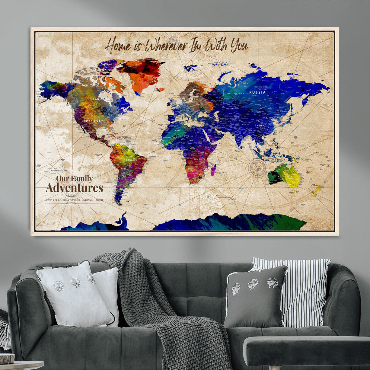 42795268-MGV-FC-36X24 - Personalized Push Pin World Map Canvas Print – Custom Adventure Travel Map, Framed Wall Art Gift for Couples or Family