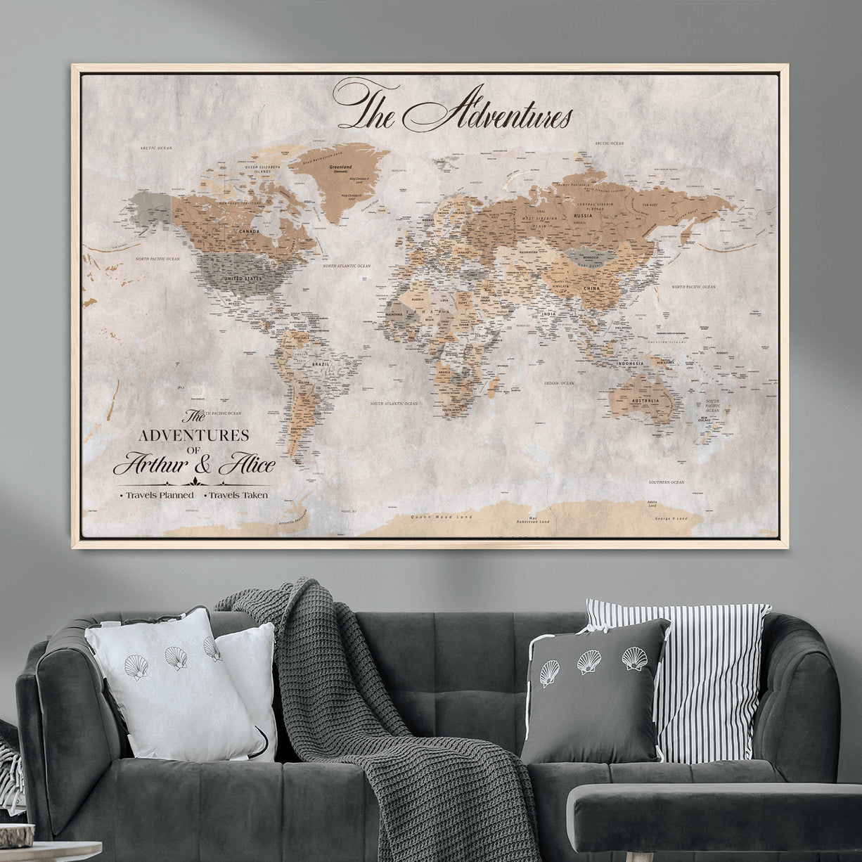91774967-MGV-FC-36X24 - Personalized Push Pin World Map Canvas Print – Custom Framed Travel Tracker Artwork for Couples or Home Decor