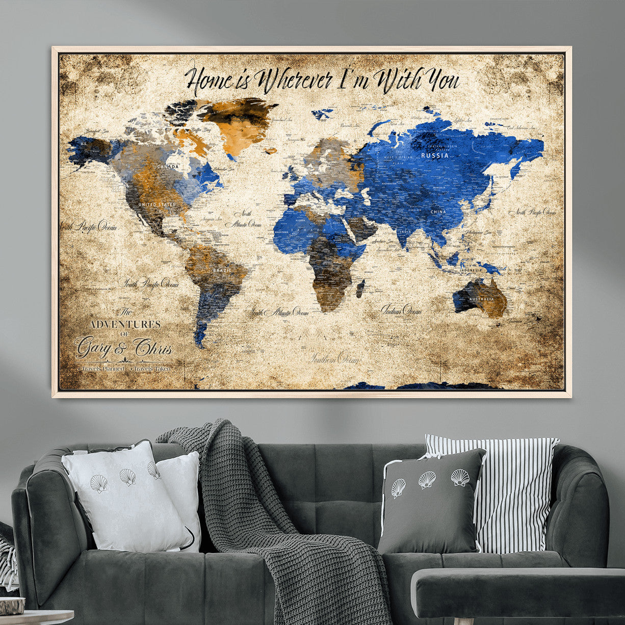 20854758-MGV-FC-36X24 - Personalized Push Pin World Map Canvas Print – Custom Framed Travel Tracker Artwork with Pins for Home and Office Decor