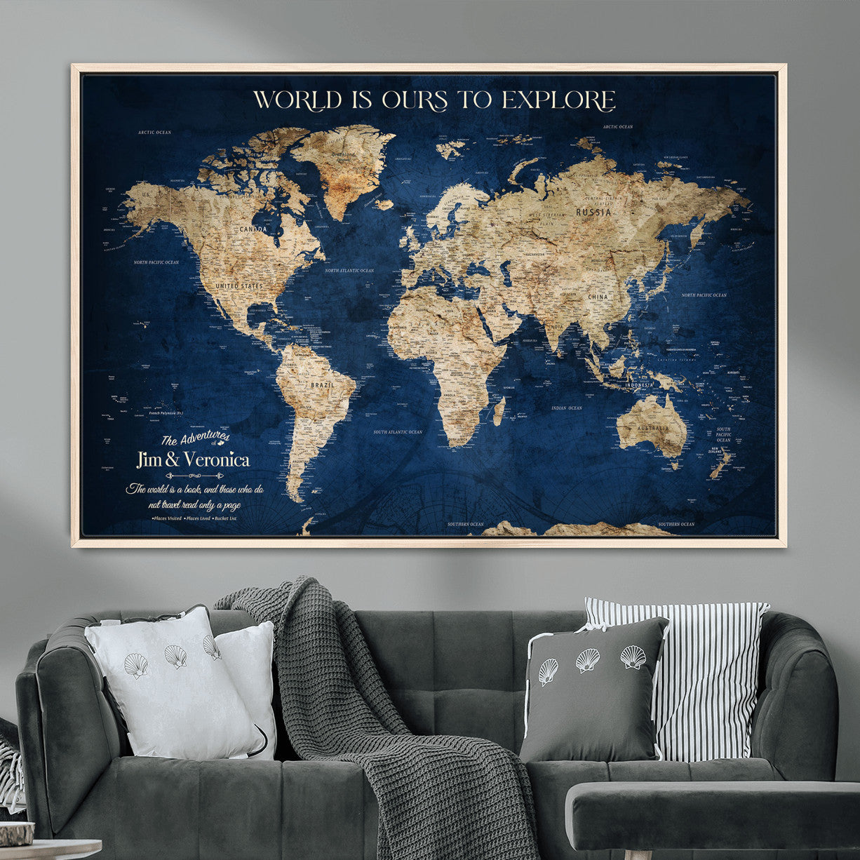33364828-MGV-FC-36X24 - Personalized World Map Wall Art – Custom Framed Push Pin Travel Tracker Canvas Print Unique Gift for Home, Office