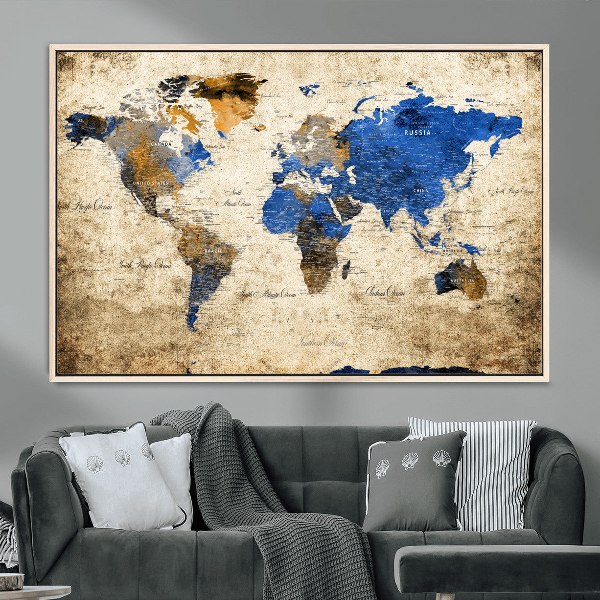 13564339-MGV-FC-36X24 - World Map Wall Art Canvas Print, Modern Decorative Framed Map Artwork Prints for Living Room, Office, Bedroom Wall Decor