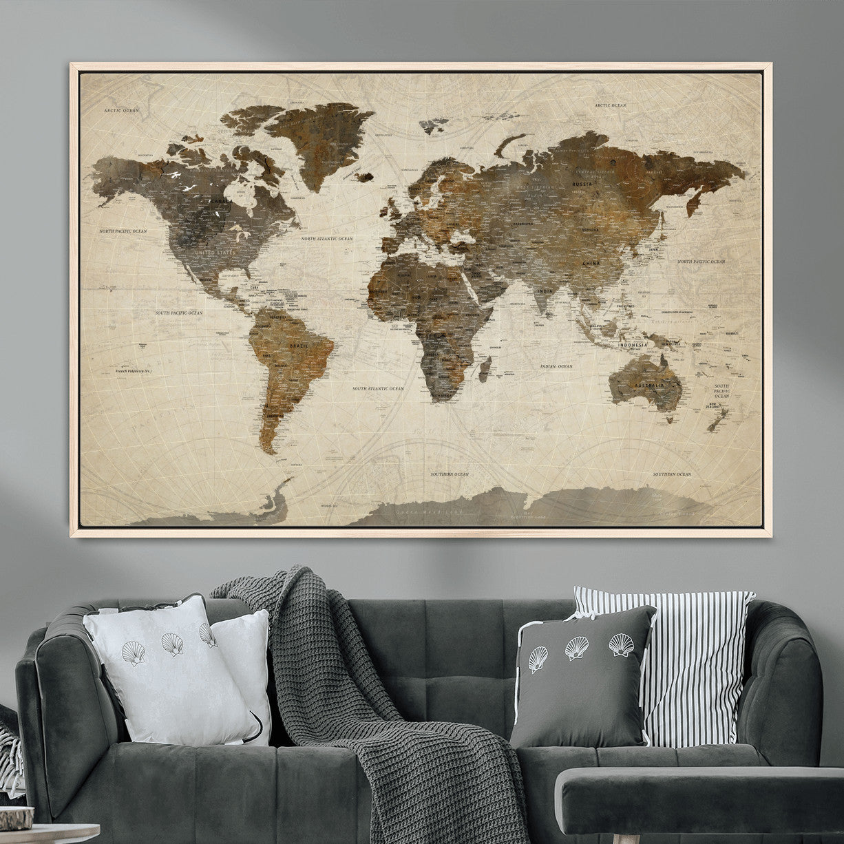 91849163-MGV-FC-36X24 - World Map Wall Art Canvas Print, Modern Decorative Framed Map Artwork Prints for Living Room, Office, Bedroom Wall Decor