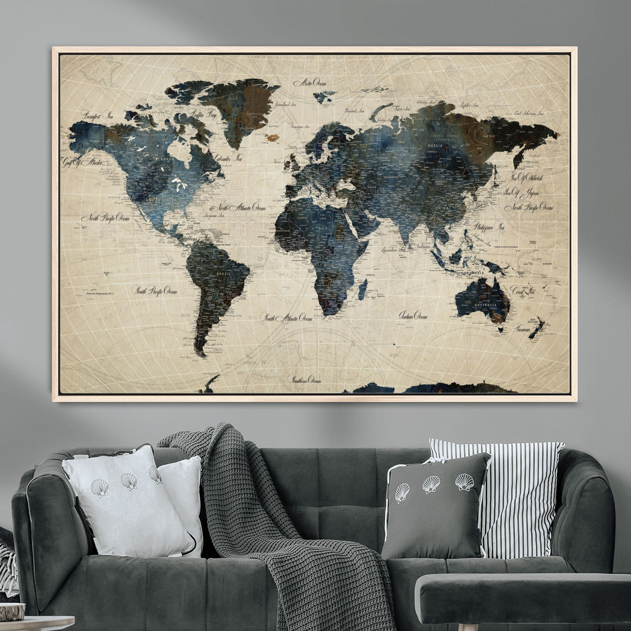 33438443-MGV-FC-36X24 - World Map Wall Art Canvas Print, Modern Decorative Framed Map Artwork Prints for Living Room, Office, Bedroom Wall Decor