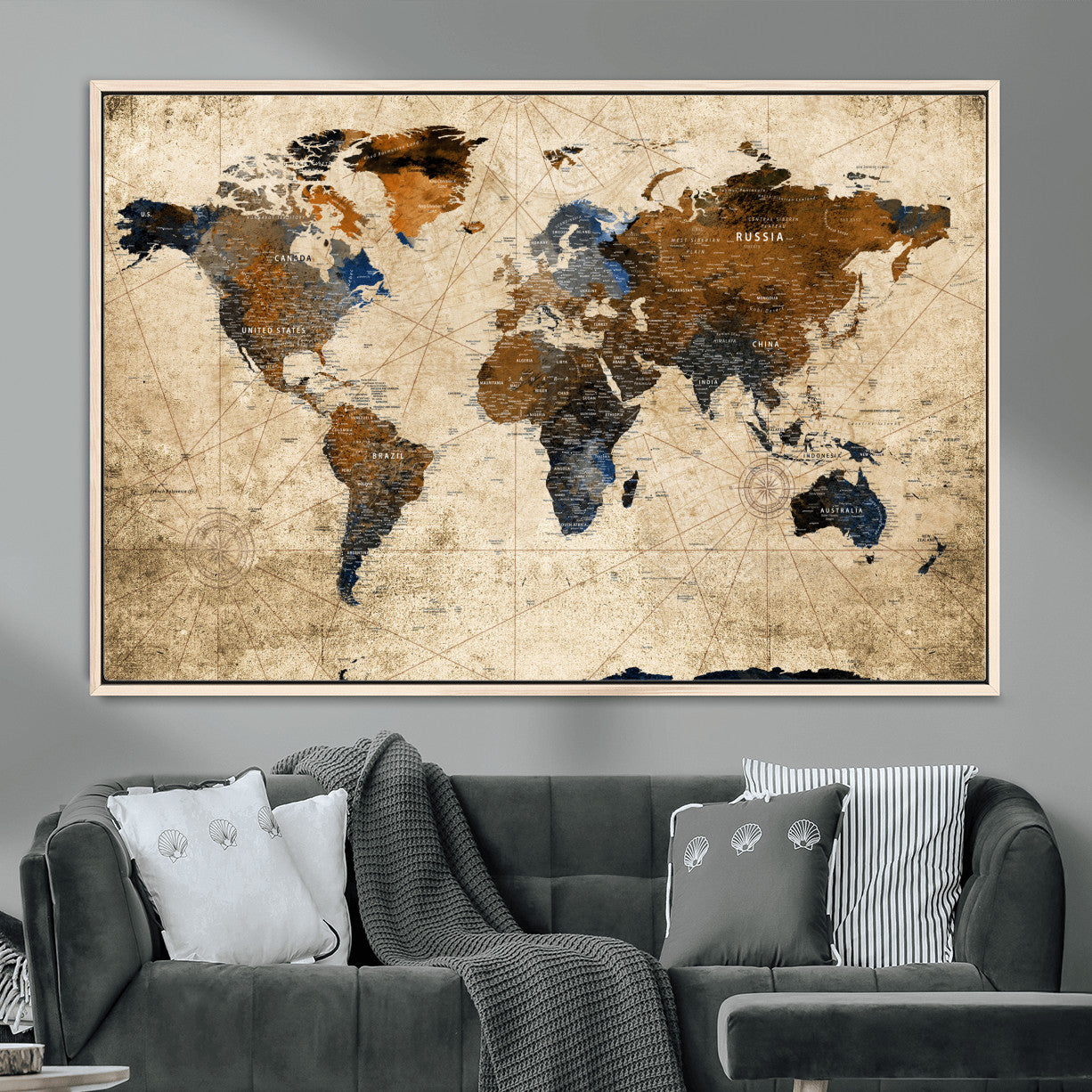56297284-MGV-FC-36X24 - World Map Wall Art Canvas Print, Modern Decorative Framed Map Artwork Prints for Living Room, Office, Bedroom Wall Decor