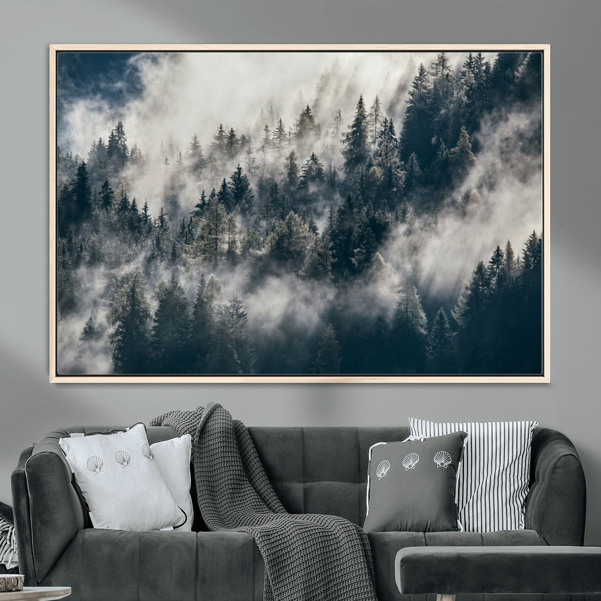 270372951-MGV-FC-36X24 - Misty Pine Forest Canvas Wall Art – Dark Forest Mountaing and Nature Landscape Print, Horizontal Canvas Print