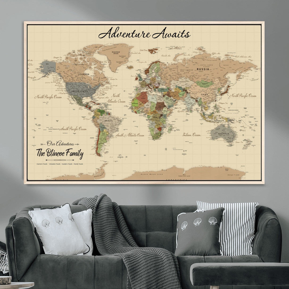 63407426-MGV-FC-36X24 - Customized Push Pin World Map Wall Art Canvas Print with Pins, Framed Personalize Travel Tracker Map, World Map for Living Room and Office Decor