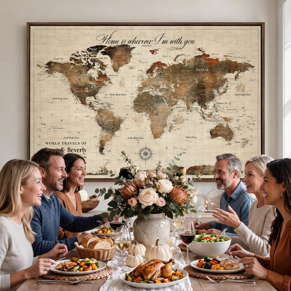 94399474-MGV-CV-36X24 - Large Custom Framed Beige Vintage World Travel Map Wall Art with Pins, Couples Countries Visited Map, Living Room and Hallway Decor