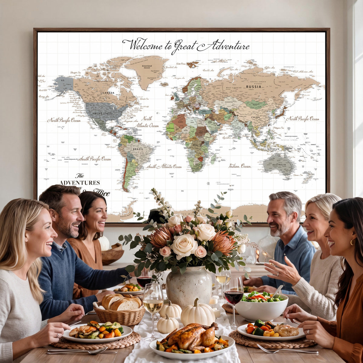 85396539-MGV-CV-36X24 - Custom Beige Push Pin World Map Wall Art, Bucket List Map, Study and Hallway Decor