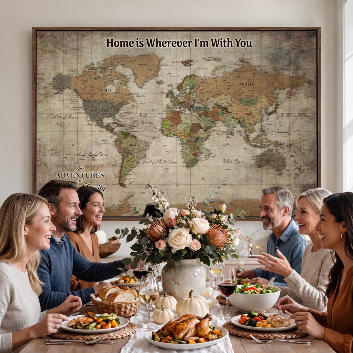 22593671-MGV-CV-36X24 - Personalized Beige Geometric World Map Canvas with Push Pins, Next Trip Planner Map, Study and Entryway Decor