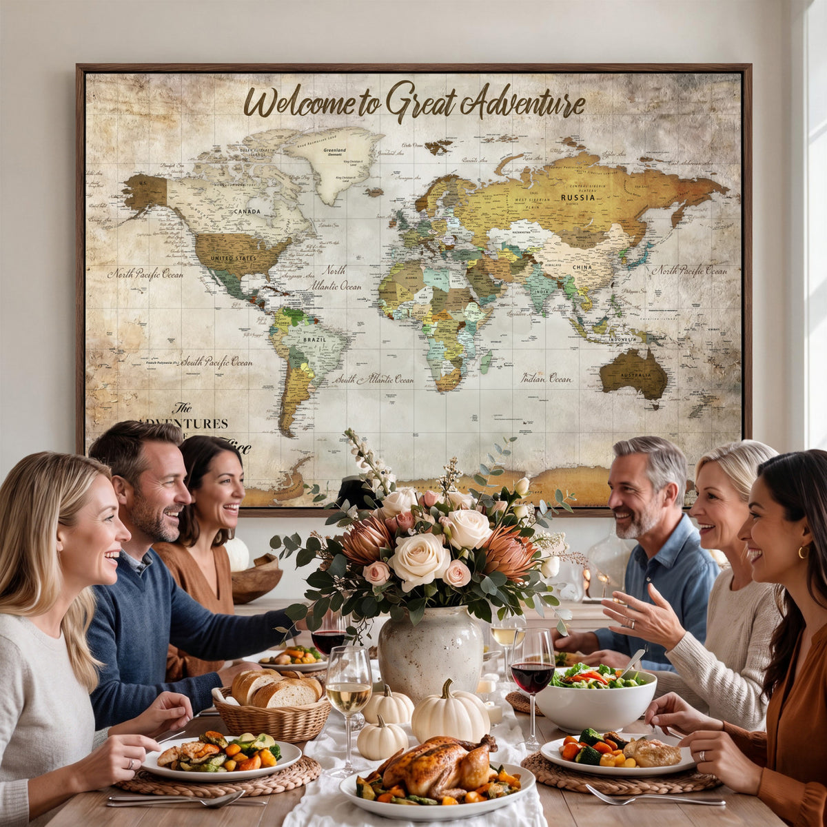 33043195-MGV-CV-36X24 - Personalized Beige World Travel Map Wall Art with Pins, Family Travel Tracker, Family Room and Study Decor