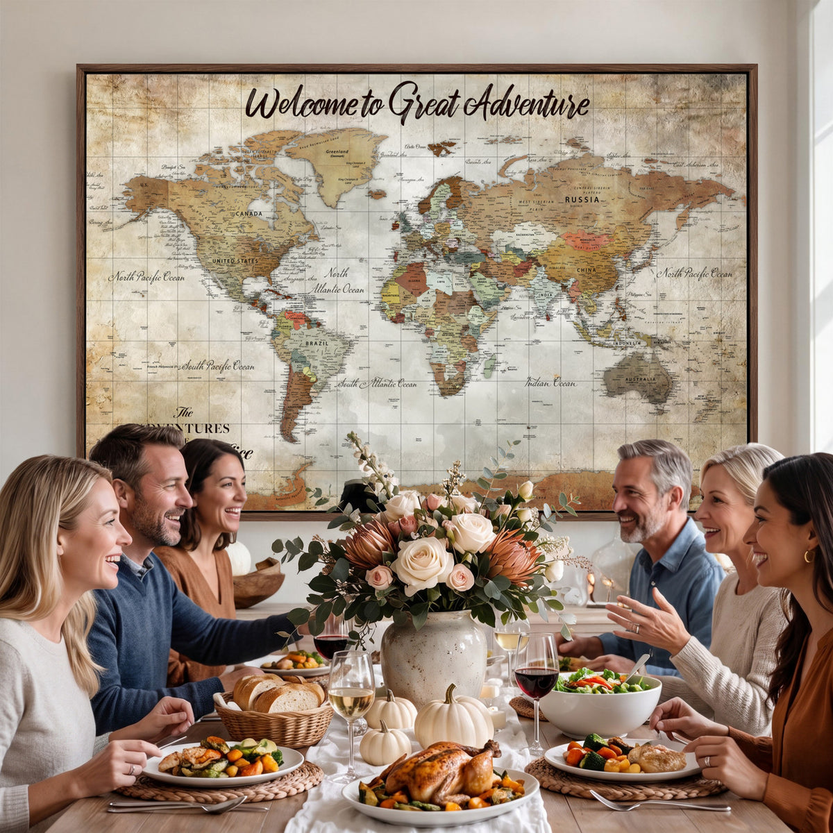 22906161-MGV-CV-36X24 - Personalized Beige Push Pin World Map Wall Art, Bucket List Map, Living Room and Family Room Decor