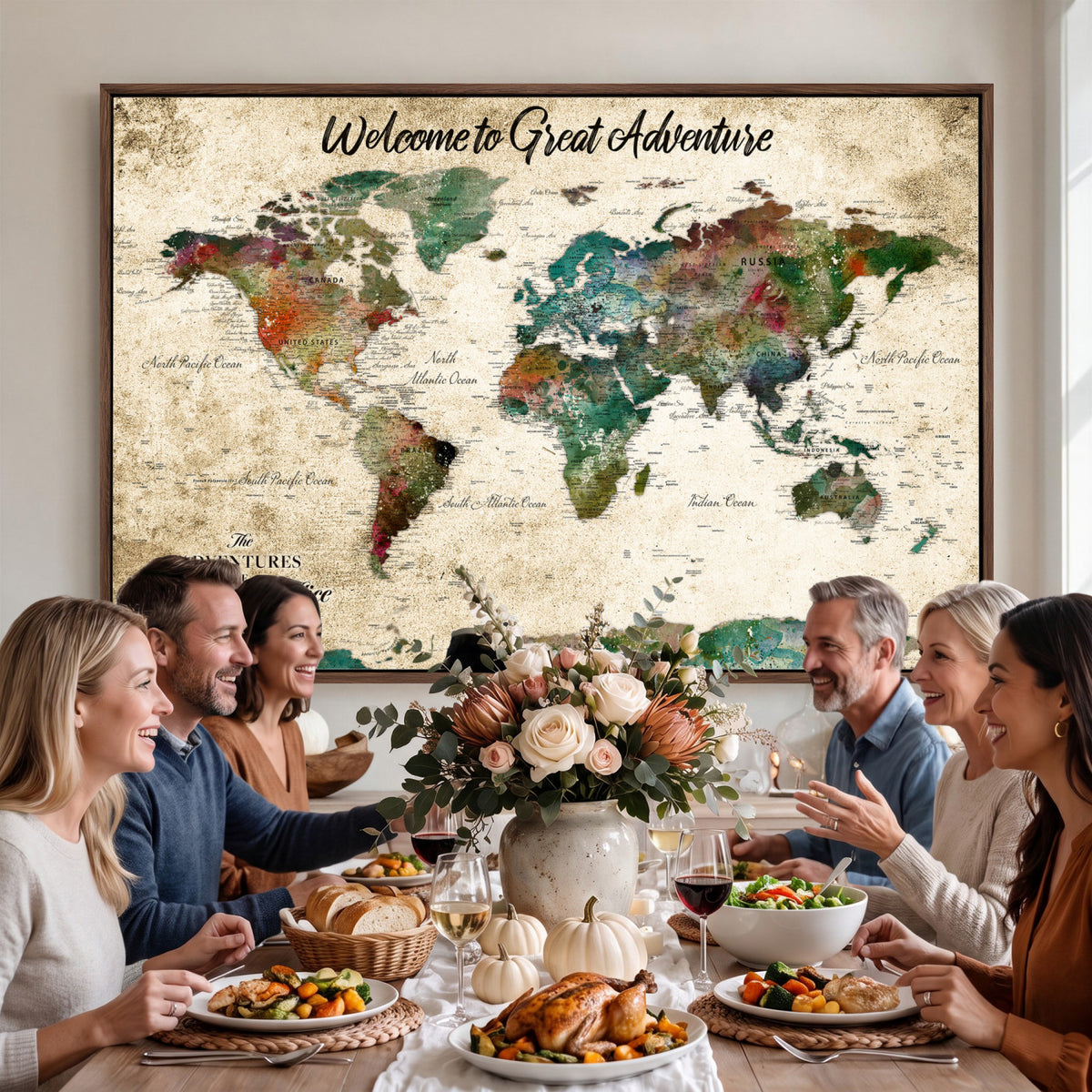89225601-MGV-CV-36X24 - Personalized Beige Grunge World Map Canvas with Push Pins, Next Trip Planner Map, Family Room and Home Office Decor