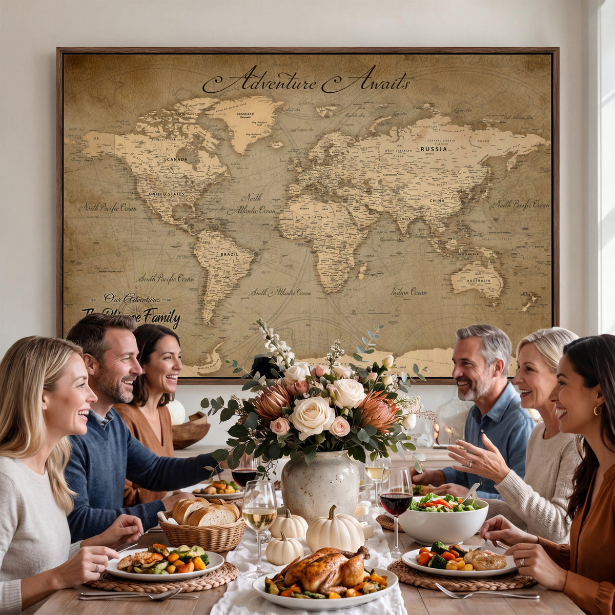 59418012-MGV-CV-36X24 - Personalized Framed Beige World Travel Map Wall Art with Pins, Family Travel Tracker, Family Room and Entryway Decor