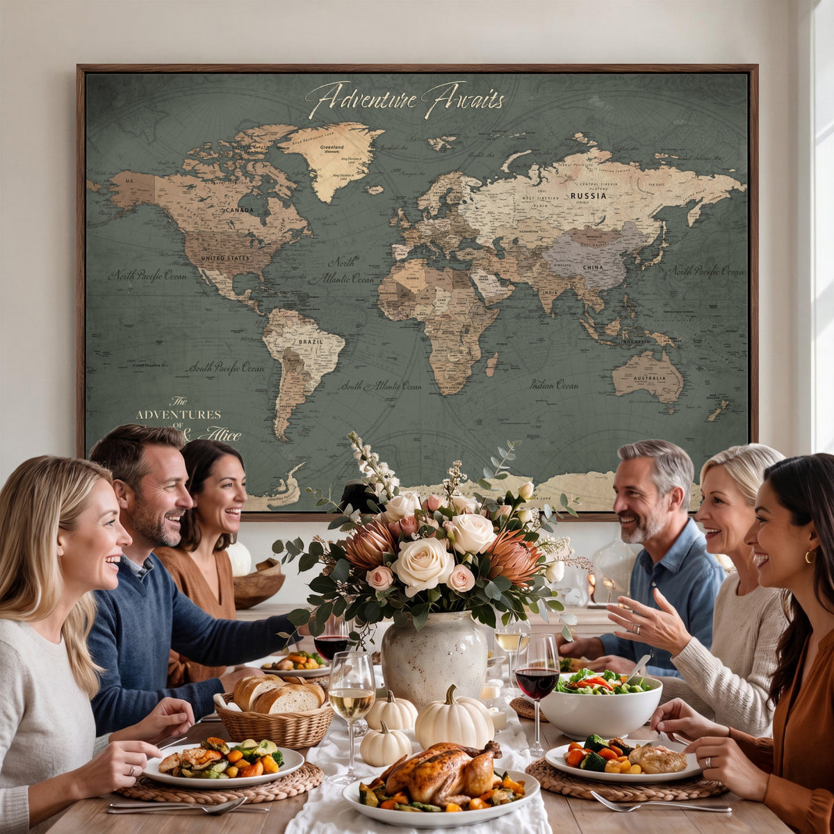 24734446-MGV-CV-36X24 - Personalized Framed Beige Modern World Map Canvas with Push Pins, Bucket List Map, Family Room and Dining Room Decor