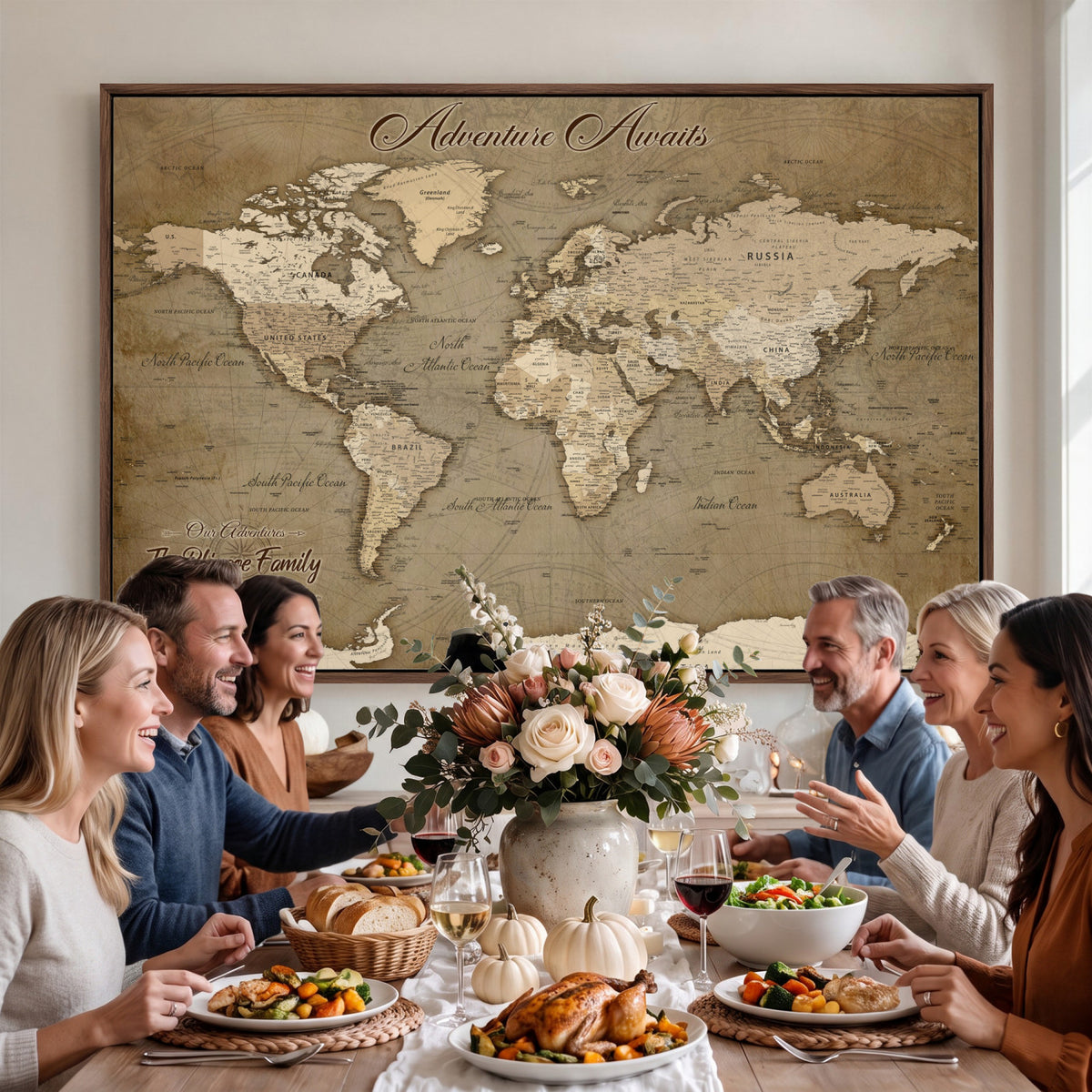 96775856-MGV-CV-36X24 - Custom Beige Modern Push Pin World Map Canvas Print, Family Travel Tracker, Dining Room and Home Office Decor