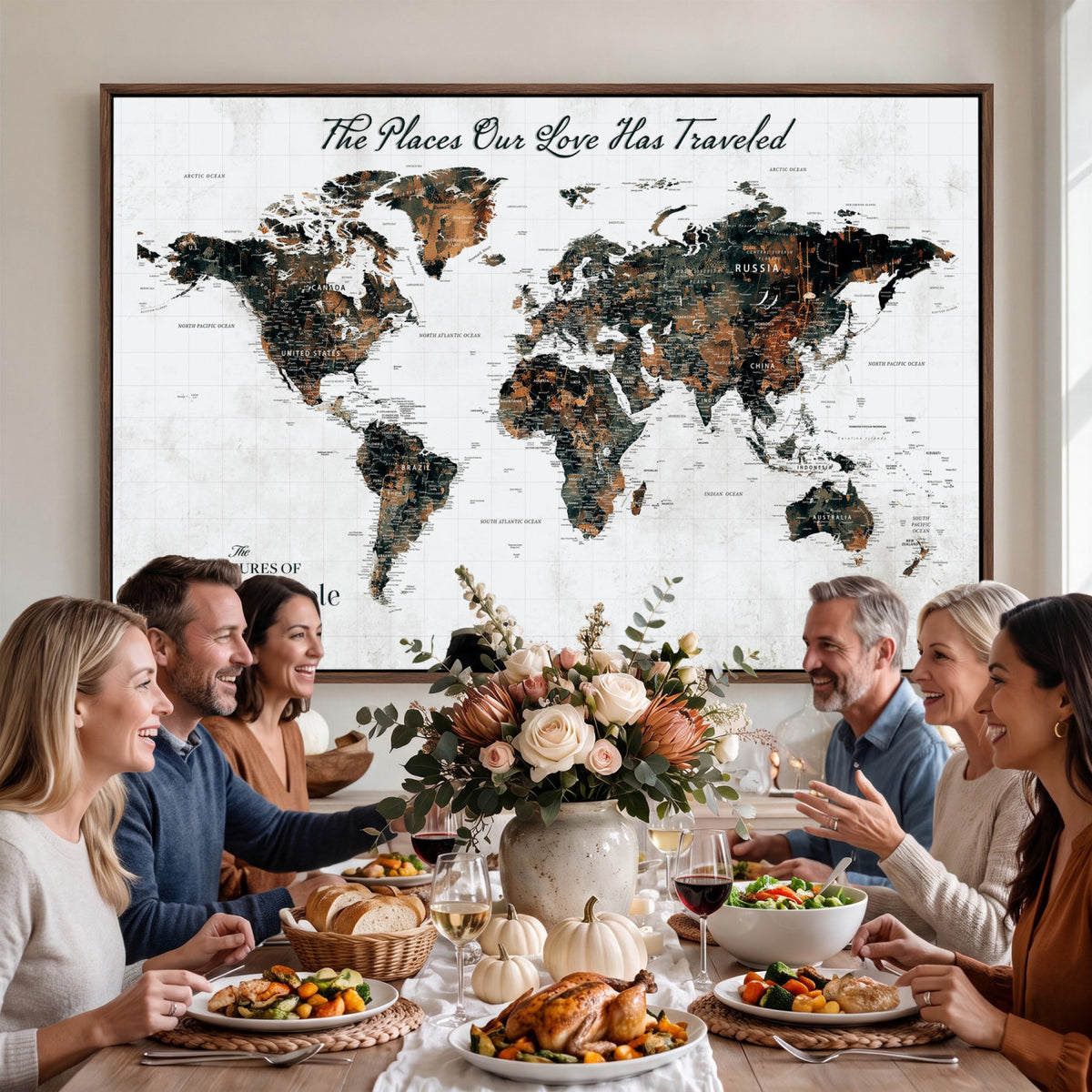 29090064-MGV-CV-36X24 - Personalized Beige Push Pin World Map Canvas Print, Honeymoon and Anniversary Gift, Living Room and Dining Room Decor