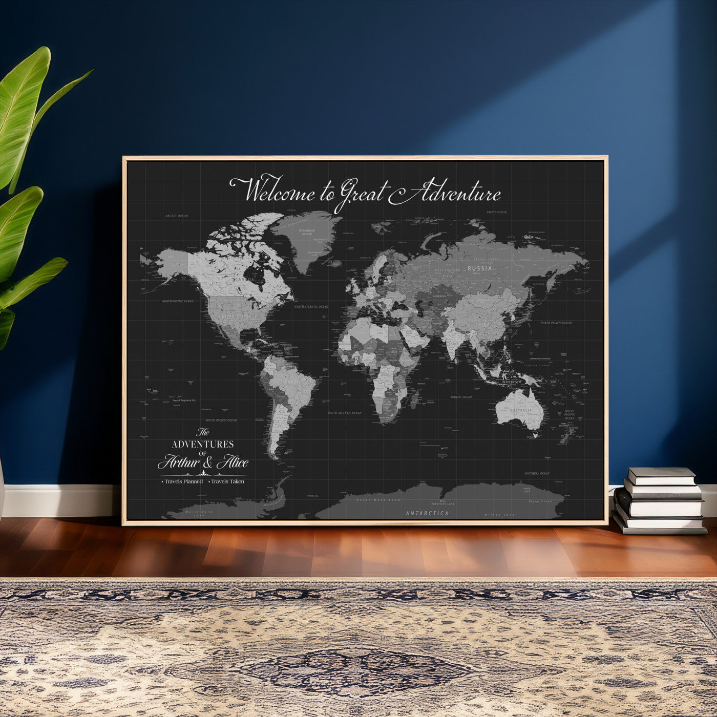 57127599-MGV-CV-36X24 - Custom Push Pin World Map Wall Art Canvas Print – Personalized Travel Tracker with Pins Framed Large for Home and Office Decor