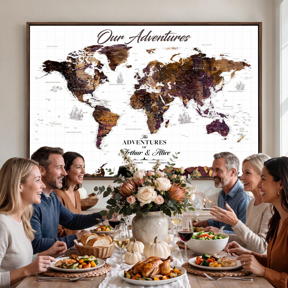 95729279-MGV-CV-36X24 - Personalized Framed Beige Vintage Push Pin Travel Map Canvas Print, Next Trip Planner Map, Home Office and Entryway Decor