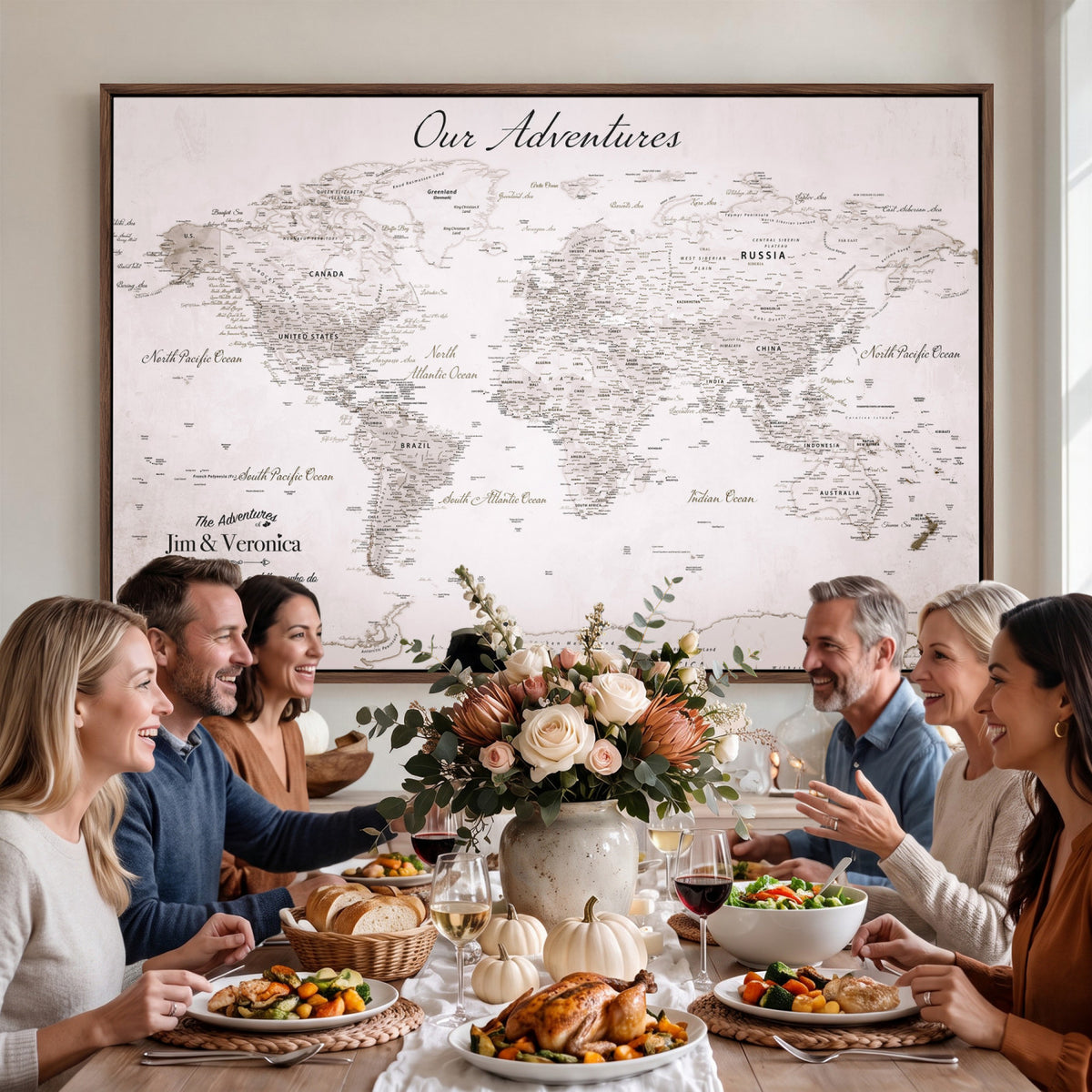 62392749-MGV-CV-36X24 - Personalized Beige Vintage World Travel Map Wall Art with Pins, Honeymoon and Anniversary Gift, Entryway and Hallway Decor