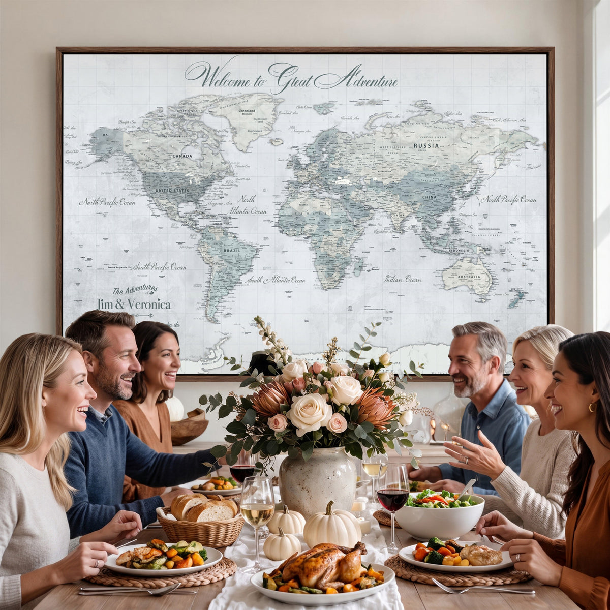 55391088-MGV-CV-36X24 - Personalized Beige Antique Push Pin World Map Canvas Print, Family Travel Tracker, Family Room and Entryway Decor