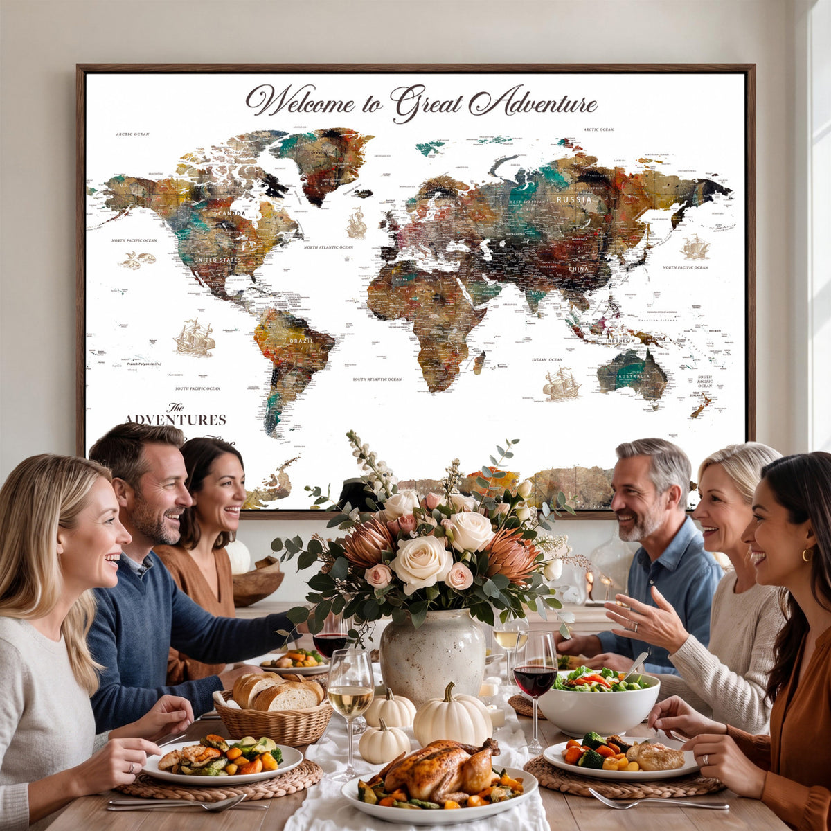 20271103-MGV-CV-36X24 - Custom Framed Beige Modern Push Pin World Map Wall Art, Couples Countries Visited Map, Study and Entryway Decor