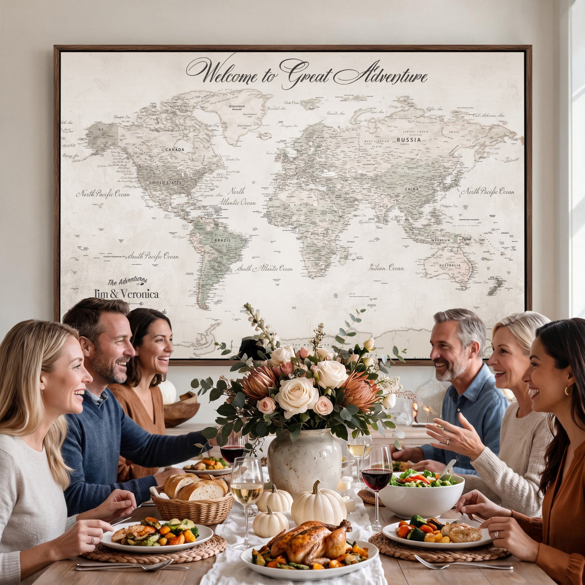 84311132-MGV-CV-36X24 - Personalized Beige World Map Canvas with Push Pins, Places Visited Tracker, Family Room and Entryway Decor