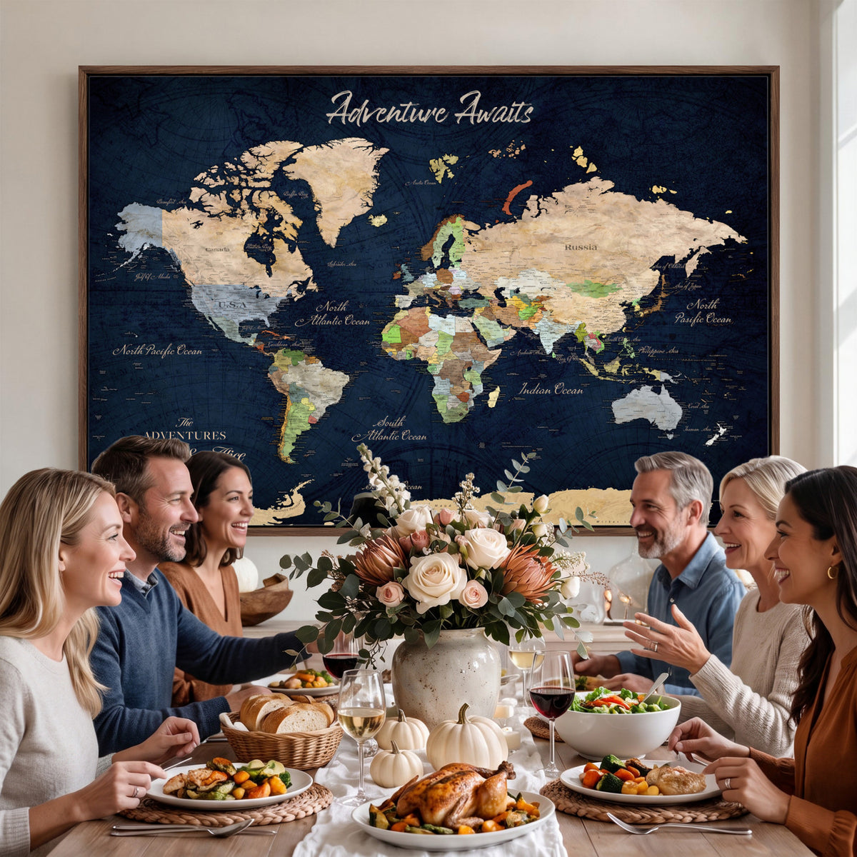 39120422-MGV-CV-36X24 - Personalized Beige Antique Push Pin Travel Map Canvas Print, Bucket List Map, Dining Room and Entryway Decor