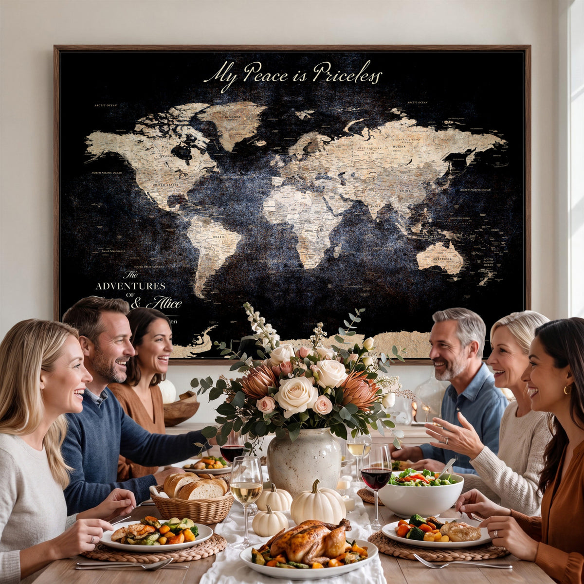 38689152-MGV-CV-36X24 - Personalized Beige World Map Canvas with Push Pins, Couples Countries Visited Map, Study and Hallway Decor