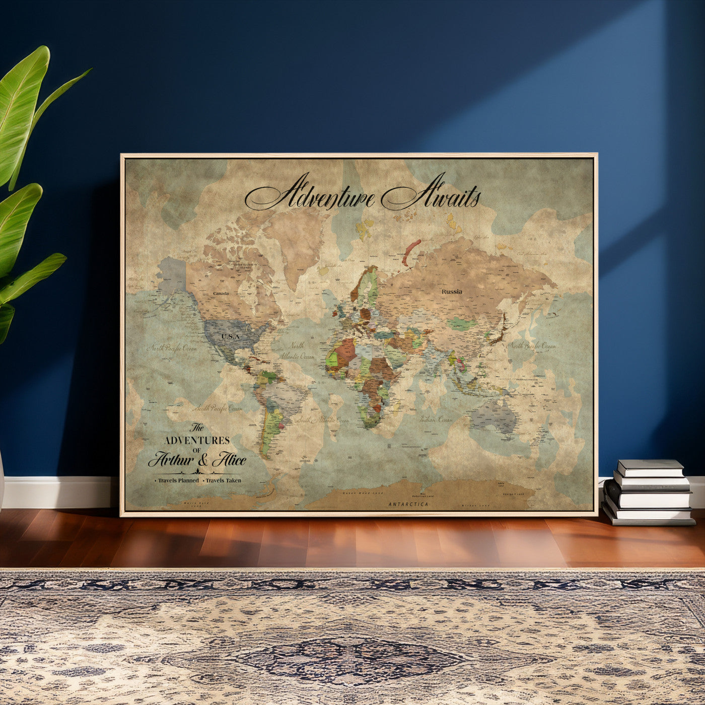80420159-MGV-CV-36X24 - Custom Push Pin World Map Wall Art Canvas Print – Personalized Travel Tracker with Pins Framed Large for Home and Office Decor