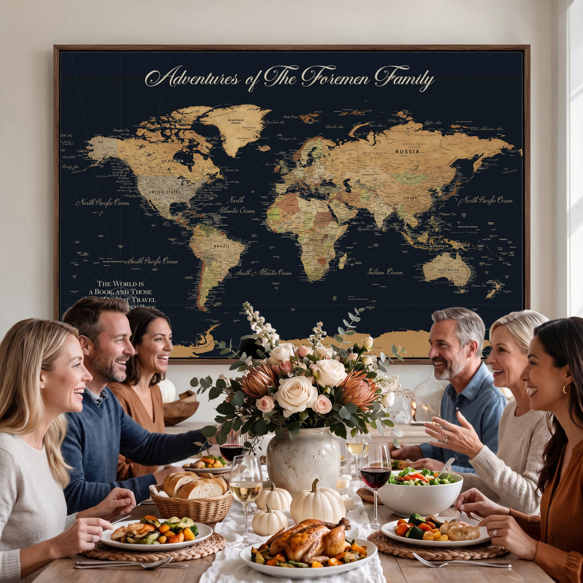 89403803-MGV-CV-36X24 - Personalized Beige Modern Family Adventure Push Pin World Map Canvas, Places Visited Tracker, Family Room and Home Office Decor