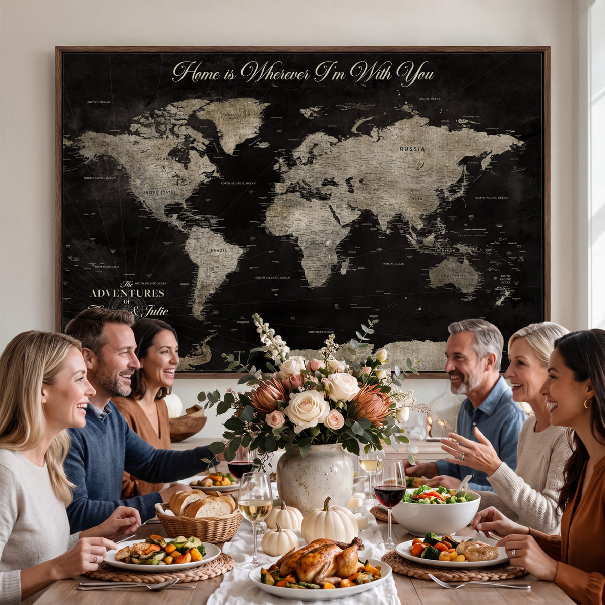 28461537-MGV-CV-36X24 - Personalized Framed Black Geometric World Map Canvas with Push Pins, Bucket List Map, Living Room and Dining Room Decor