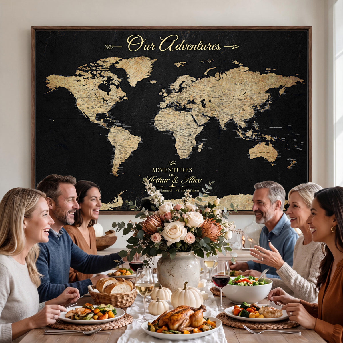 54638998-MGV-CV-36X24 - Custom Push Pin World Map Wall Art Canvas Print | Personalized Travel Tracker with Pins Framed Large for Home and Office Decor