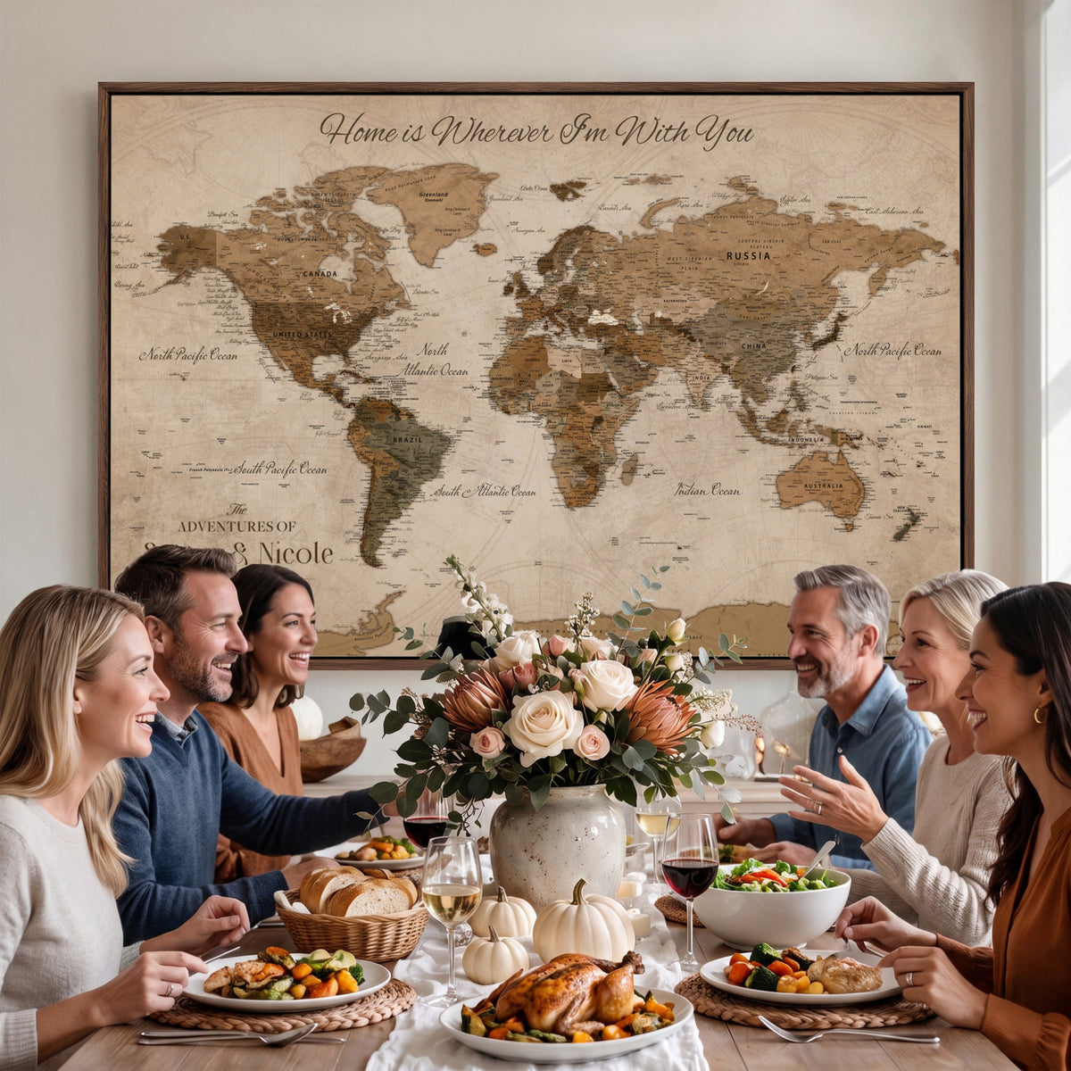 67360040-MGV-CV-36X24 - Personalized Framed Navy Geometric World Map Canvas with Push Pins, Couples Countries Visited Map, Living Room and Hallway Decor