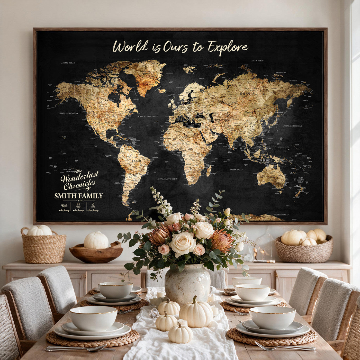 73732636-MGV-CV-36X24 - Custom Push Pin World Map Wall Art Canvas Print – Personalized Travel Tracker with Pins Framed Large for Home and Office Decor