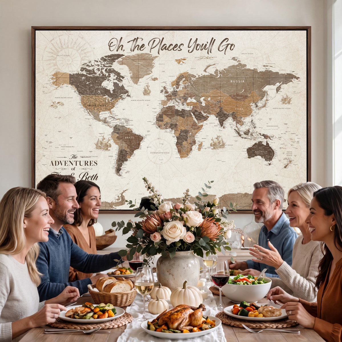 NEWMAP-8-MGV-CV-36X24 - Custom Beige World Travel Map Wall Art with Pins, Couples Countries Visited Map, Living Room and Study Decor
