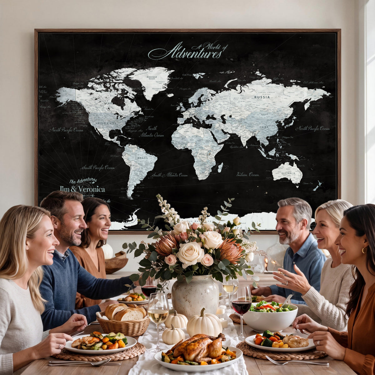 67491071-MGV-CV-36X24 - Custom Beige World Travel Map Wall Art with Pins, Places Visited Tracker, Bedroom and Home Office Decor