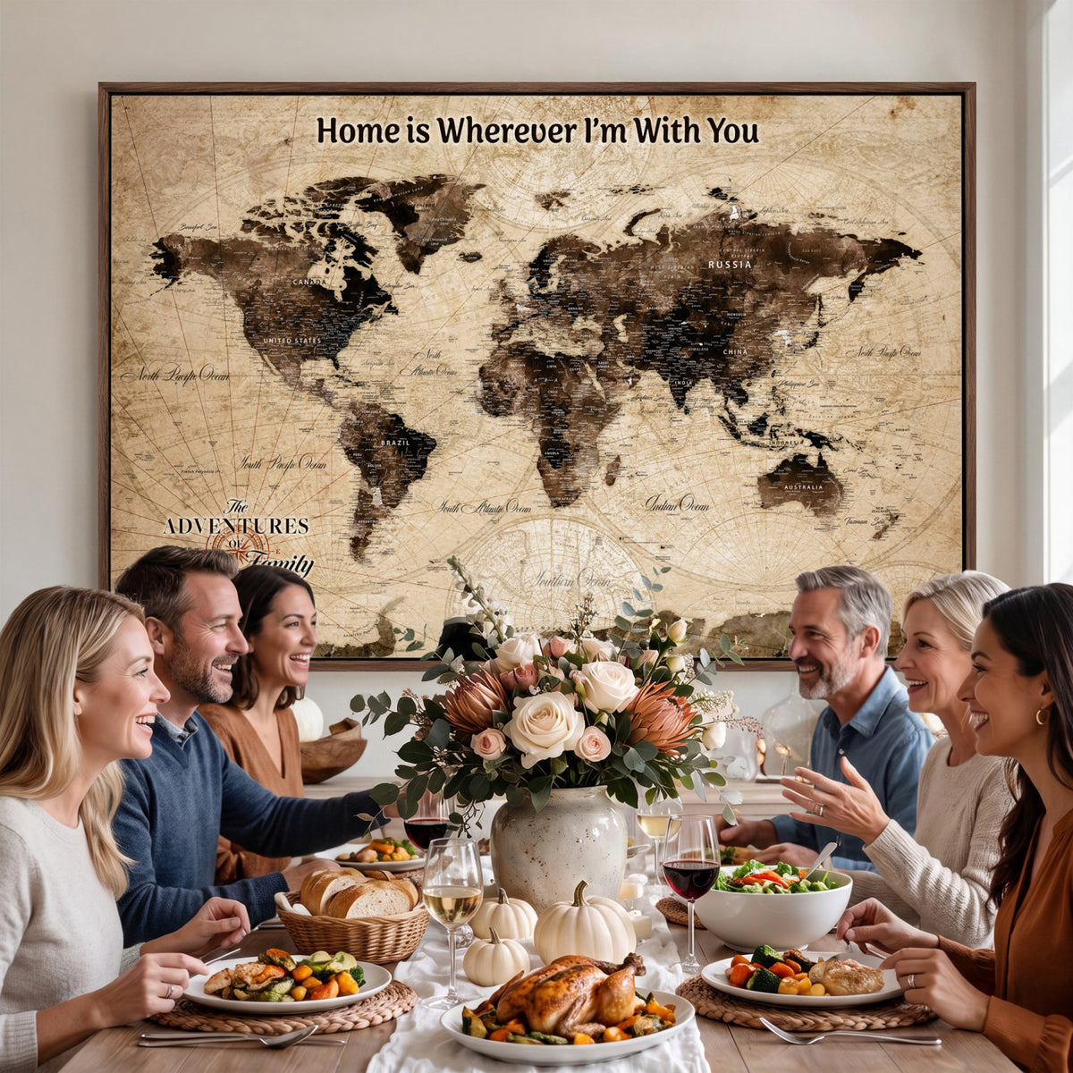 74771891-MGV-CV-36X24 - Personalized Framed Beige Modern World Travel Map Wall Art with Pins, Family Adventure Map, Living Room and Hallway Decor