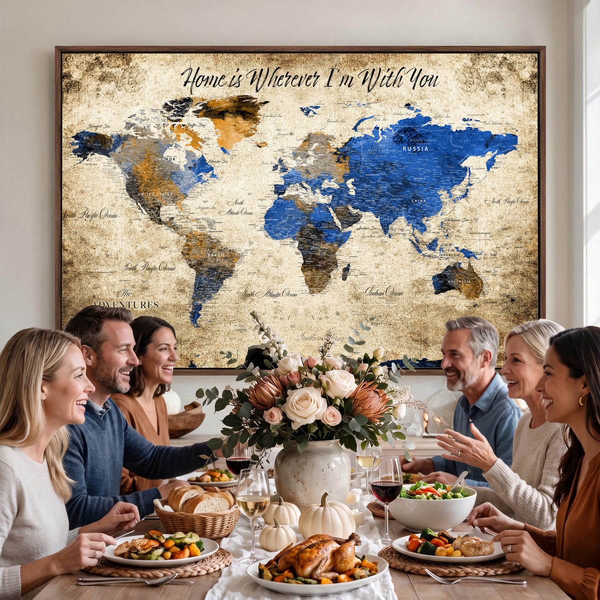13332533-MGV-CV-36X24 - Personalized Framed Beige World Map Canvas with Push Pins, Honeymoon and Anniversary Gift, Living Room and Home Office Decor