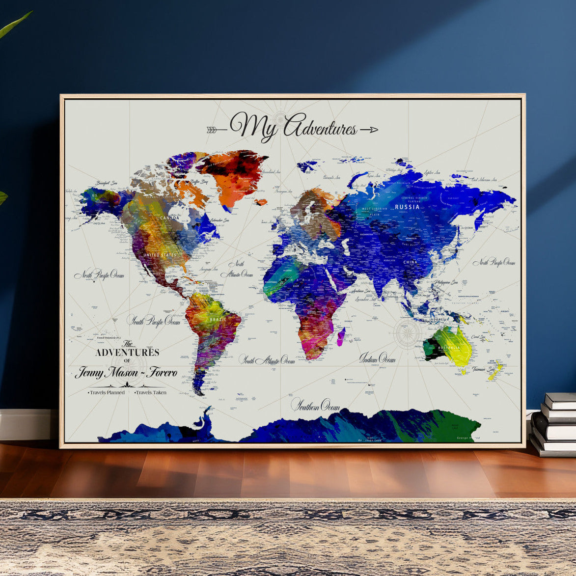45423989-MGV-CV-36X24 - Custom Push Pin World Map Wall Art Canvas Print – Personalized Travel Tracker with Pins Framed Large for Home and Office Decor