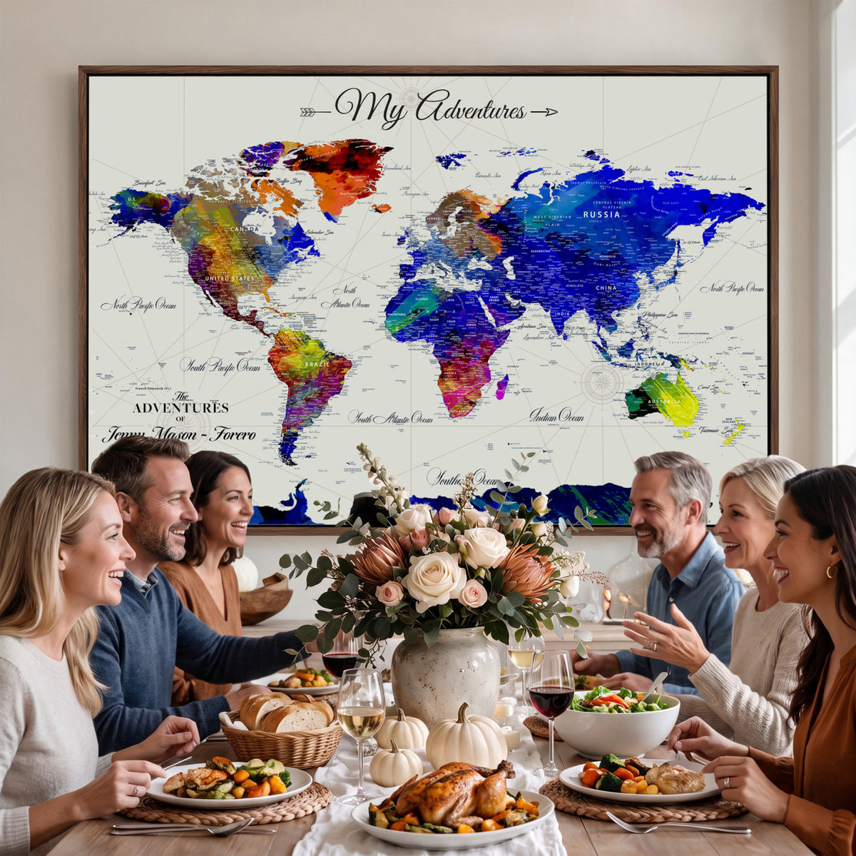 45423989-MGV-CV-36X24 - Detailed Custom Framed Beige Modern World Map Canvas with Push Pins, Honeymoon and Anniversary Gift, Dining Room and Home Office Decor