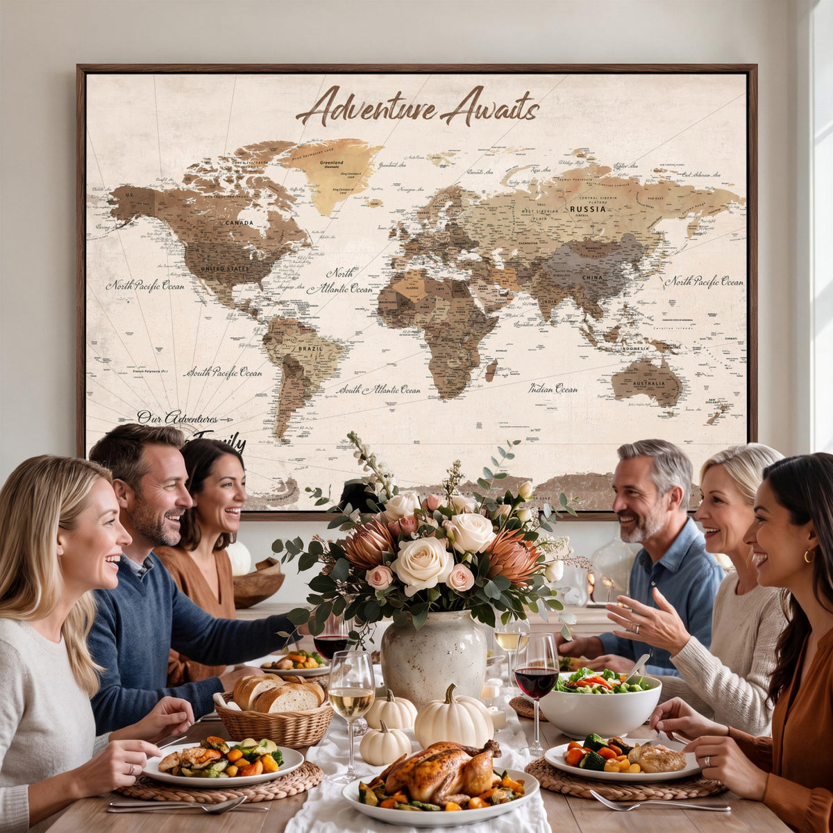 64110351-MGV-CV-36X24 - Custom Framed White Modern World Map Canvas with Push Pins, Places Visited Tracker, Dining Room and Entryway Decor
