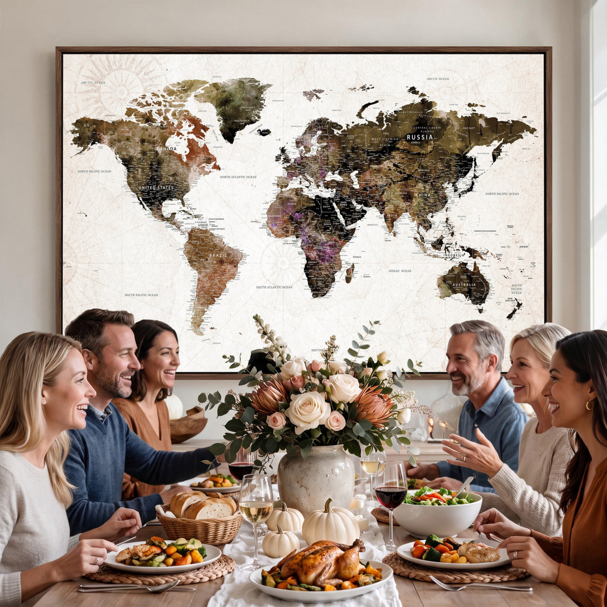 77651968-MGV-CV-36X24 - Watercolor World Map Print - Large Wall Art Canvas Print for