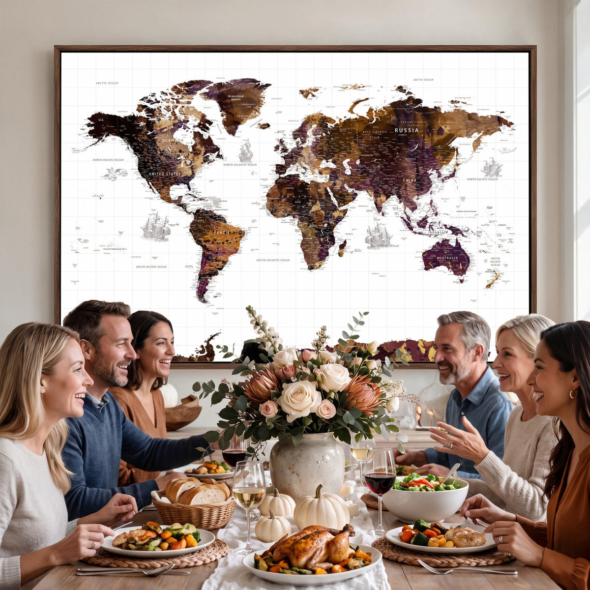 34792695-MGV-CV-36X24 - Rustic World Map Wall Art Canvas Print | Large Vintage Blue World Map on Wood Grain Style Background