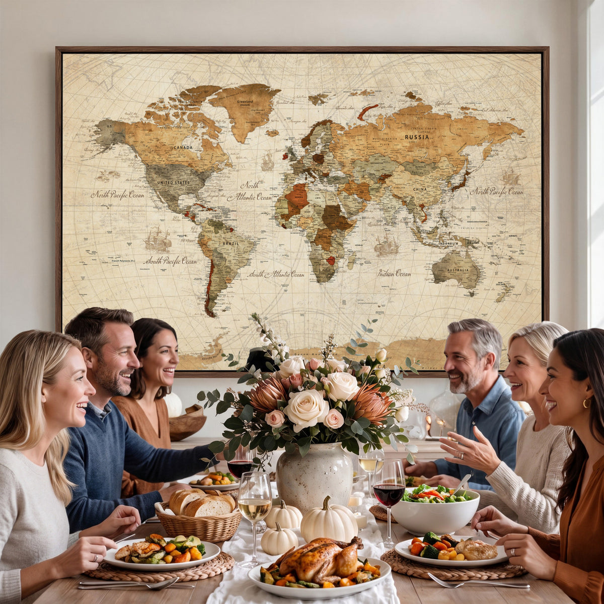 29684537-MGV-CV-36X24 - Vintage World Map Canvas Print, Framed Rustic Detailed Map of the World, Explorer Decor