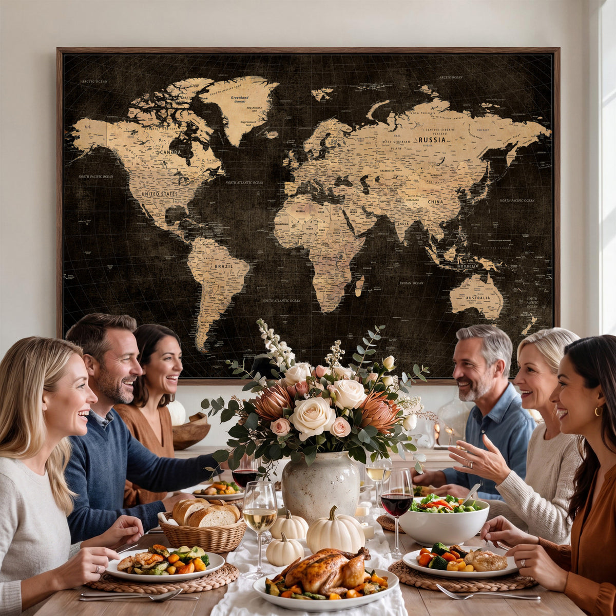 15118265-MGV-CV-36X24 - Brown World Map Canvas Print | Modern Travel Map Wall Art