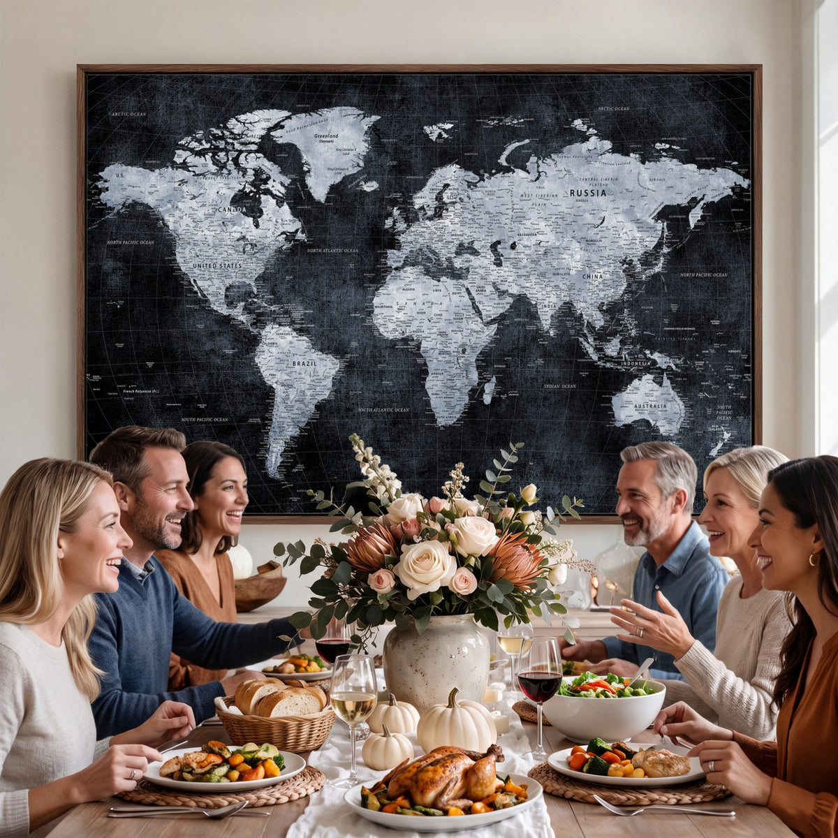 86893704-MGV-CV-36X24 - Black World Map Canvas Print | Detailed Map for Couples and Anniversary Gift