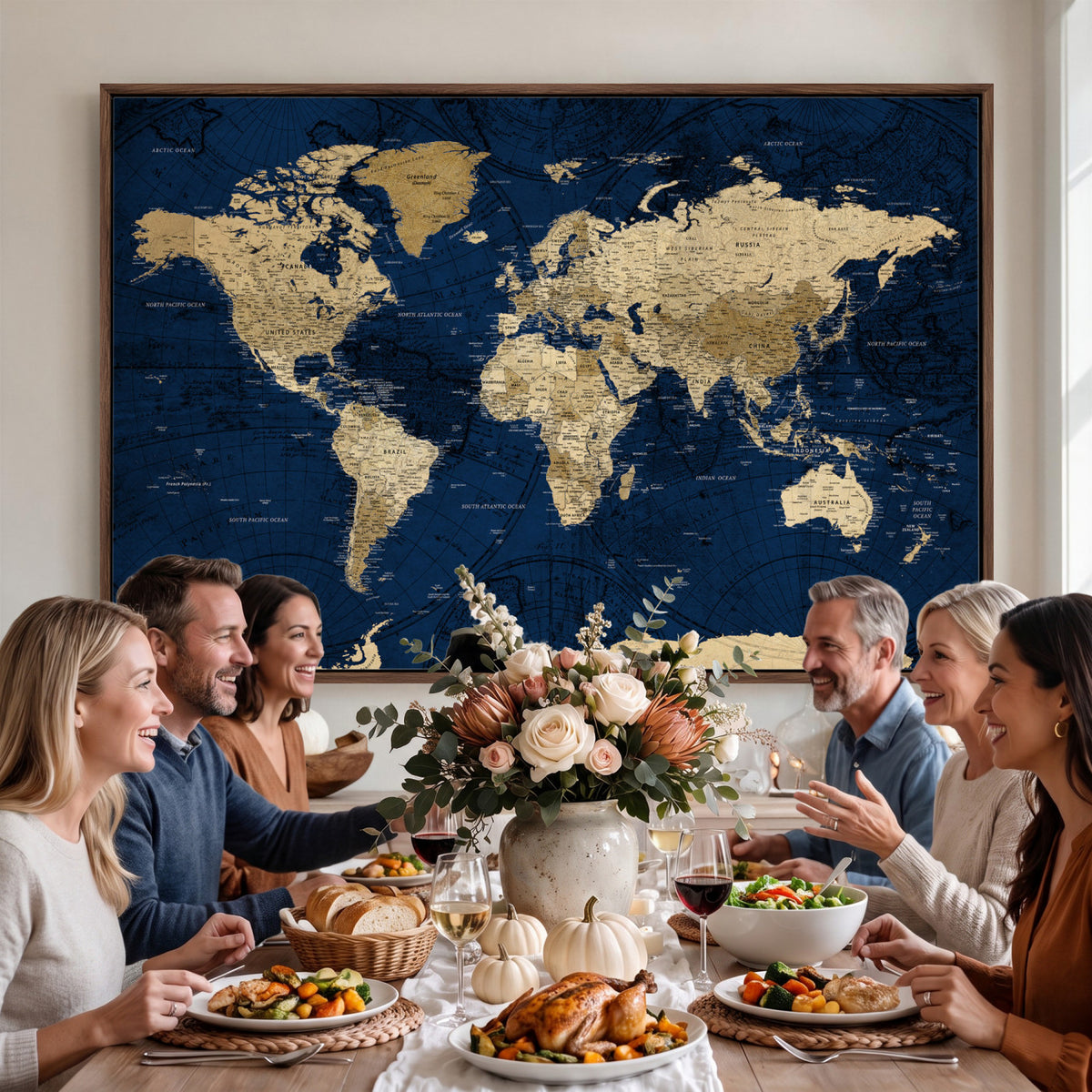 54770746-MGV-CV-36X24 - Navy Blue World Map Canvas Print – Detailed Map Minimal Navy