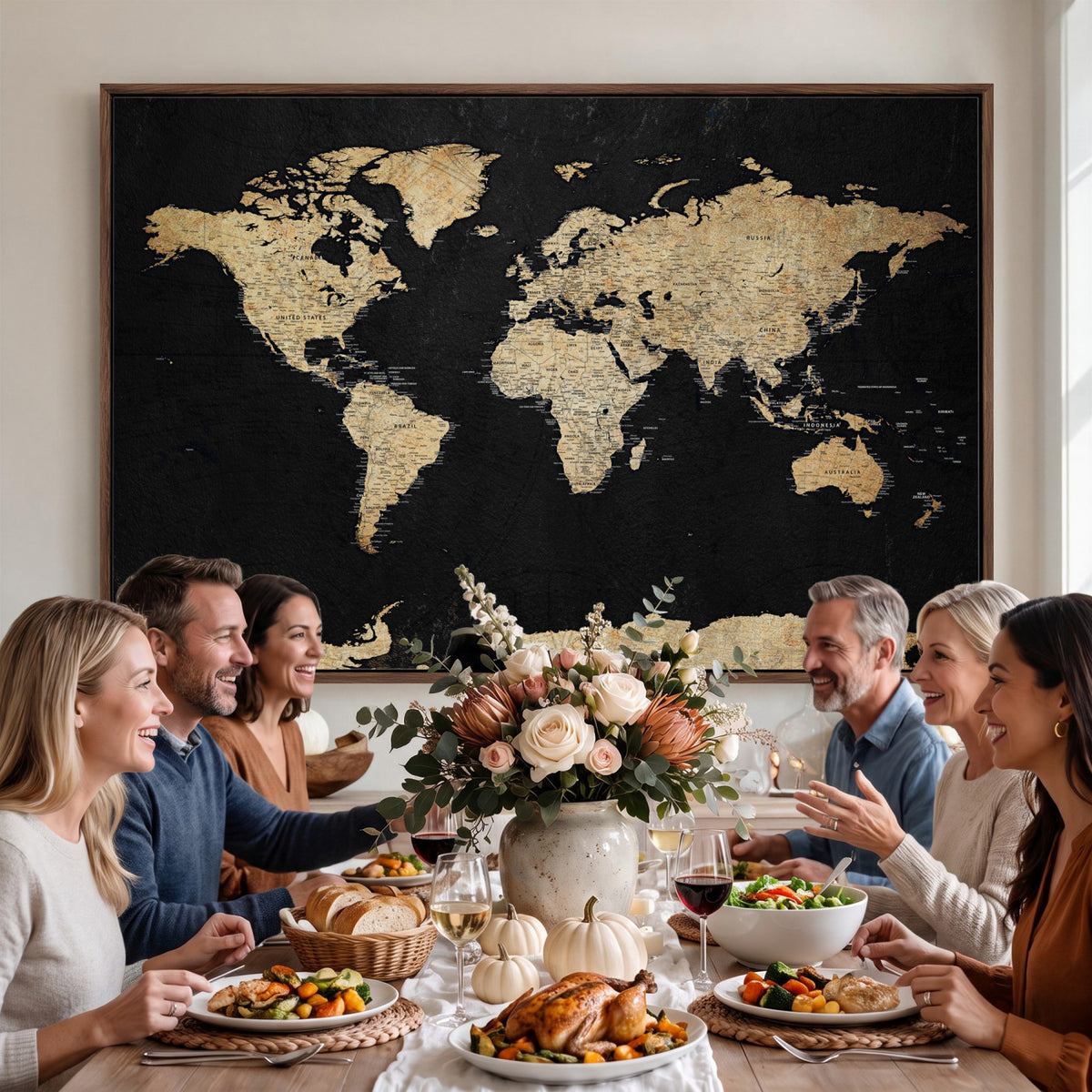 71518849-MGV-CV-36X24 - Beige World Map Canvas Wall Art Print, Minimal Black and