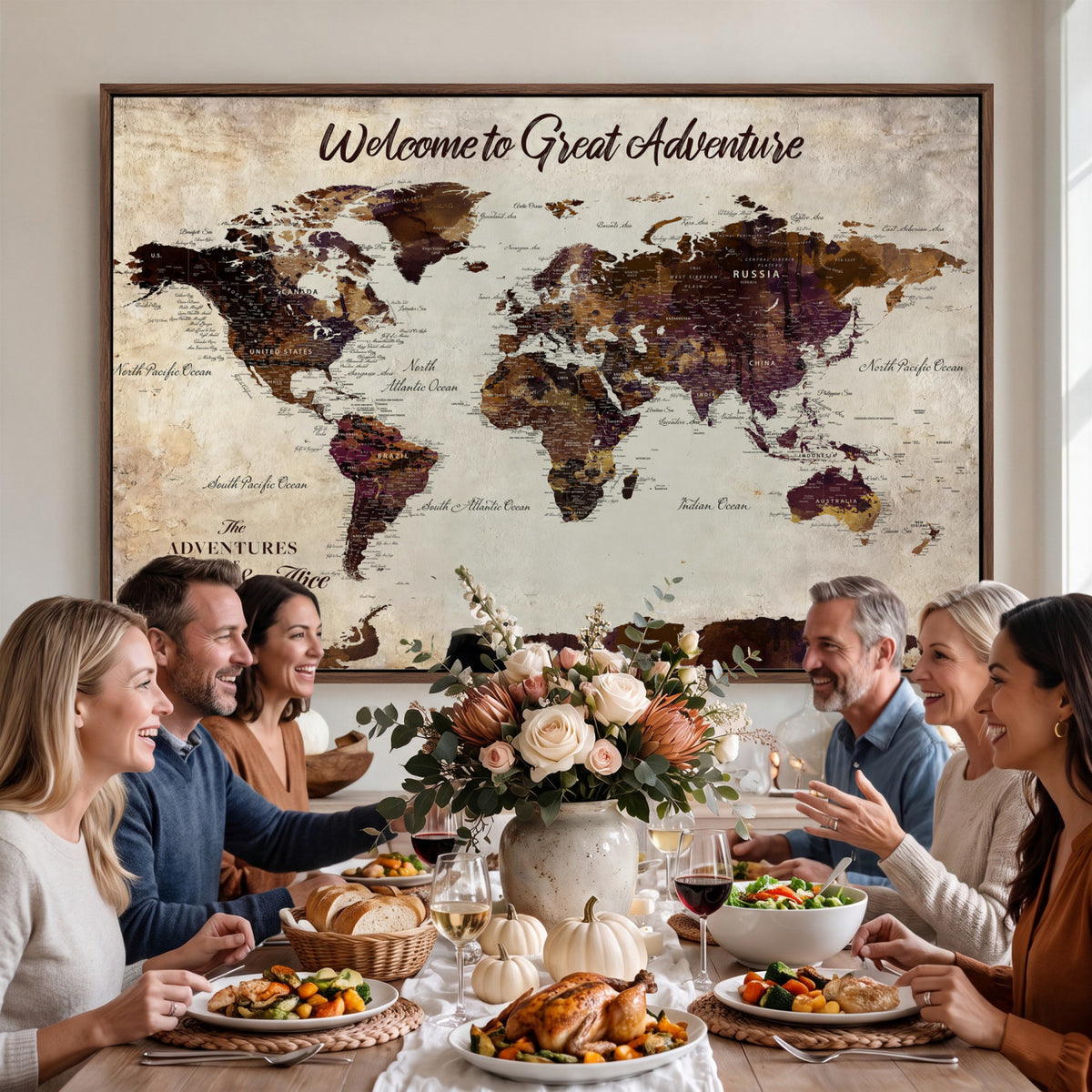 64110391126-MGV-CV-36X24 - Custom Beige World Travel Map Wall Art with Pins, Places Visited Tracker, Family Room and Entryway Decor
