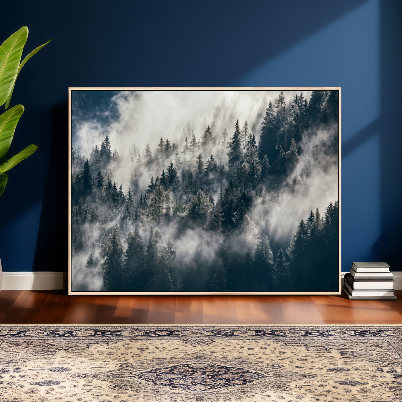 63405824-MGV-CV-36X24 - Foggy Mountain Forest Canvas Print, Misty Pine Trees Nature Wall Art, Framed Canvas Ready to Hang